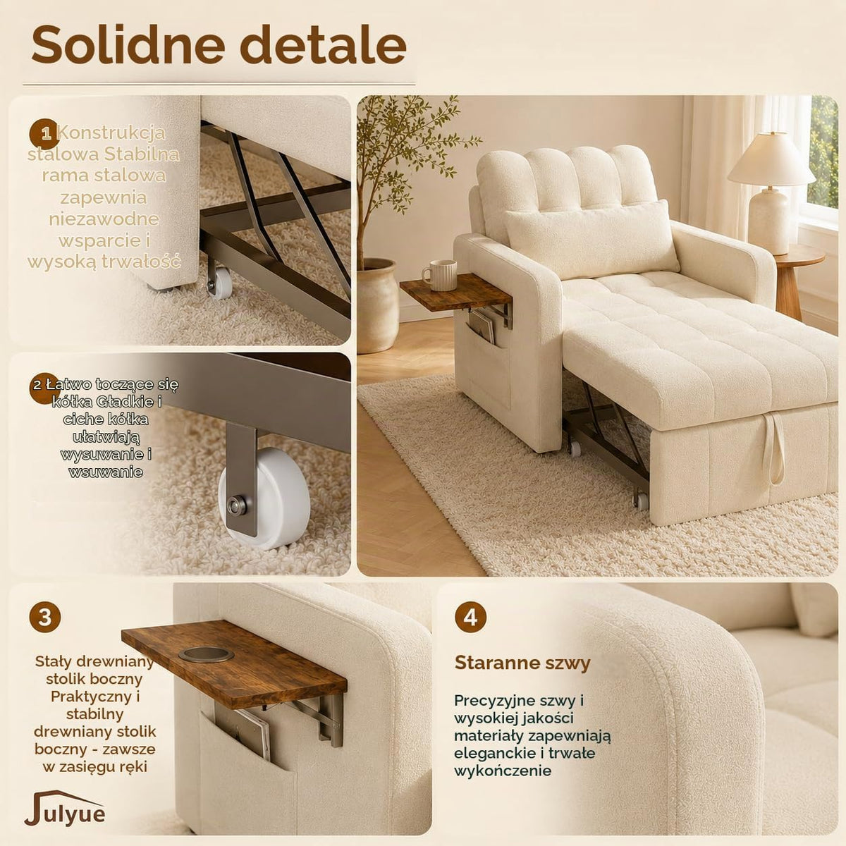 Mała sofa z funkcją spania 3 w 1, rozkładane łóżko 190 cm z kieszenią boczną, fotel do spania, fotel relaksacyjny, rozkładana sofa, taboret do spania z funkcją łóżka do 200 kg, beżowy materiał