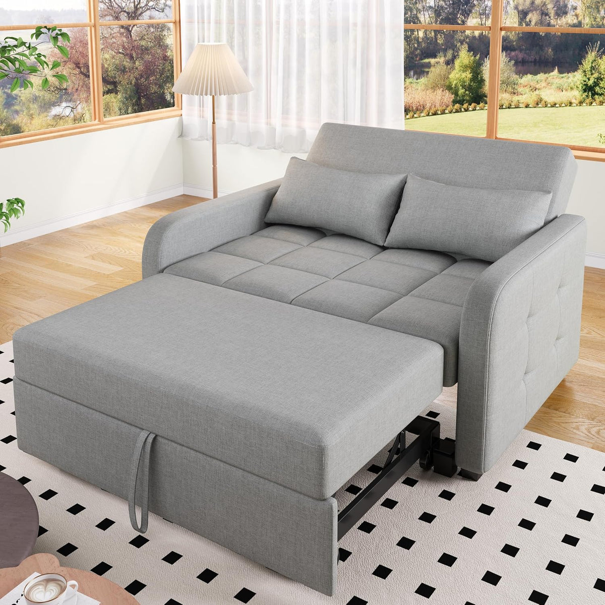 Dolamaní sofa rozkładana z funkcją spania i skrzynią na pościel, sofa 2-osobowa 127 cm szerokość x 75 cm głębokość, rozkładana do rozmiaru leżanki 127 x 125 cm (Beige)