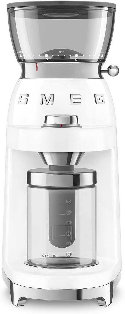 Smeg, Młynek do kawy CGF03BLEU, 15 stopni mielenia, pojemnik na ziarna kawy 240 g, regulowana ilość mielenia, z systemem antystatycznym, 150 W, czarny