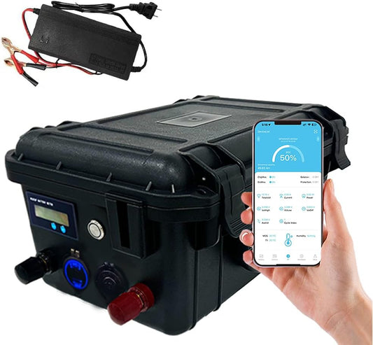 12V 100Ah LifePO4 Zawiera Bluetooth i ładowarkę 10A, Akumulator Morski Litowy z 100A BMS Głęboki Cykl Klasa A Bateria LiFePO4 z LCD Idealny do Off-Grid, RV, Systemu Solarnego, Łódźi
