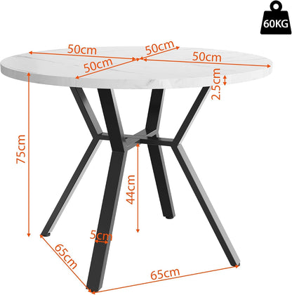 Okrągły stół do jadalni, wygląd marmuru, średnica 100 cm, czarny metalowy uchwyt w kształcie litery X, nowoczesny, MDF, wysokość 75 cm