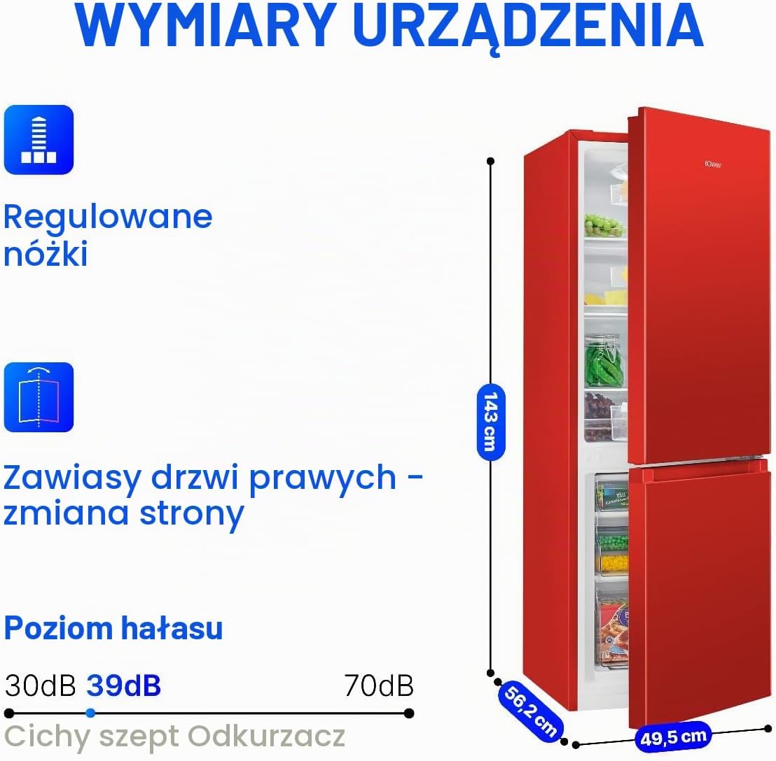 Bomann 175L czerwona lodówka i zamrażarka KG320-2-czerwona, Pojemność netto: 175 l, bezstopniowa regulacja temperatury, zawiasy do drzwi po prawej stronie, wymienne, regulowane nóżki