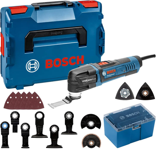 Bosch Professional: narzędzie wielofunkcyjne Multi-Cutter GOP 30-28 (300 W, uchwyt narzędziowy Starlock, klucz sześciokątny, brzeszczoty i płyta szlifierska delta, walizka L-BOXX)