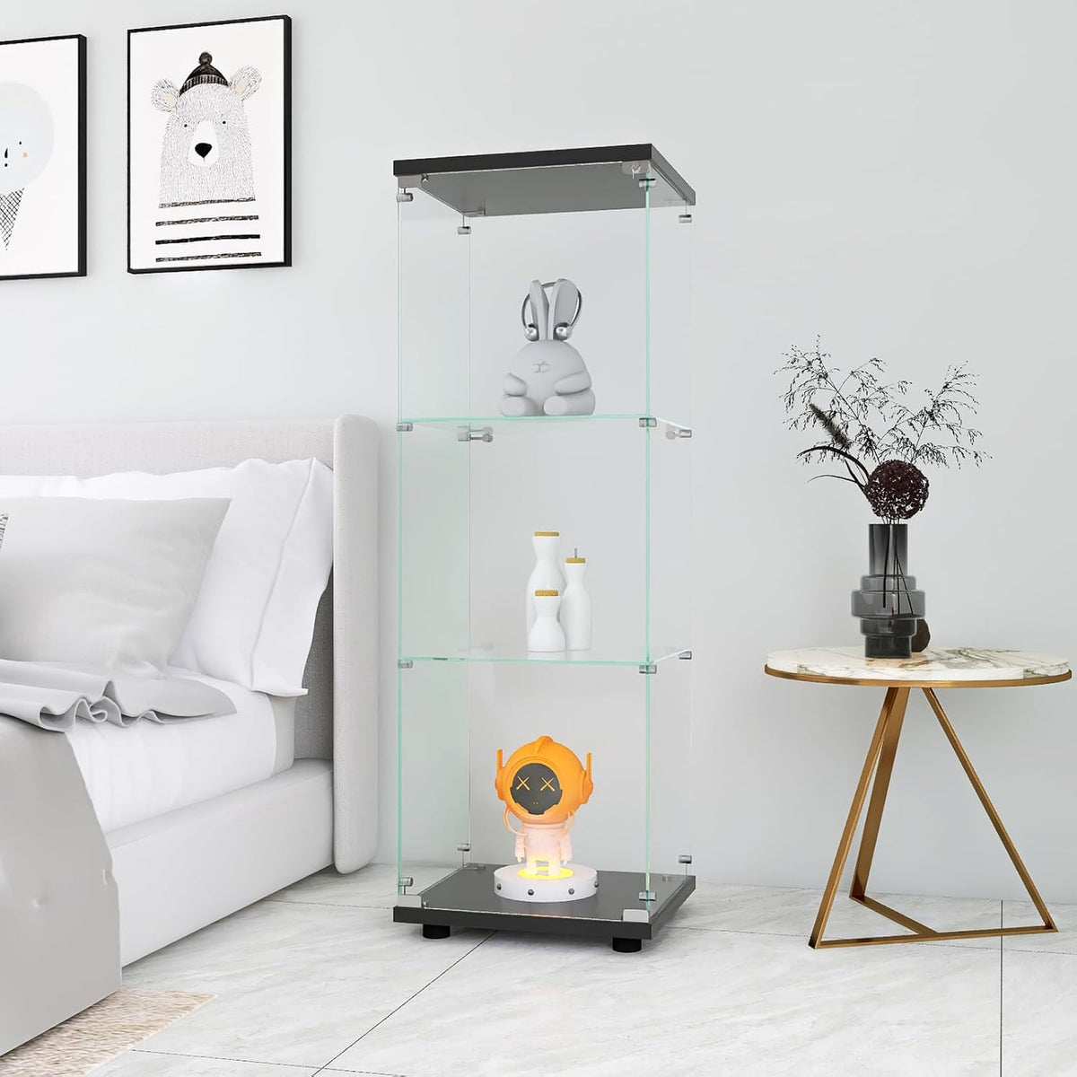 szklany stojąca witryna, 4 warstwy szklanej, 1 drzwi, lampa LED, zamek z tylną ścianką lustrzaną, szafka do salonu na przedmioty kolekcjonerskie i książki,