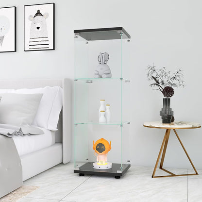 szklany stojąca witryna, 4 warstwy szklanej, 1 drzwi, lampa LED, zamek z tylną ścianką lustrzaną, szafka do salonu na przedmioty kolekcjonerskie i książki,