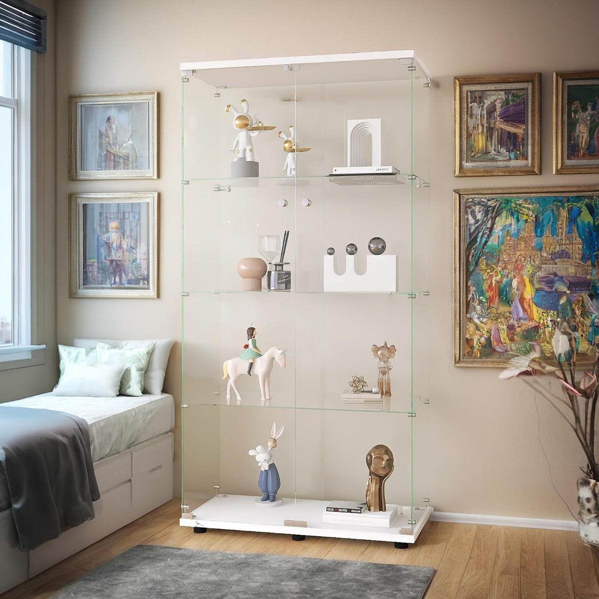 szklany stojąca witryna, 4 warstwy szklanej, 1 drzwi, lampa LED, zamek z tylną ścianką lustrzaną, szafka do salonu na przedmioty kolekcjonerskie i książki,