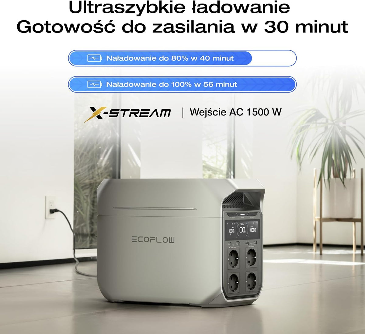 EF ECOFLOW DELTA 3 Plus Przenośna stacja zasilania E, bateria LiFePO4 1024 Wh, pełne naładowanie w 56 minut, generator fotowoltaiczny 1800 W (w trybie podwyższenia mocy 3600 W)
