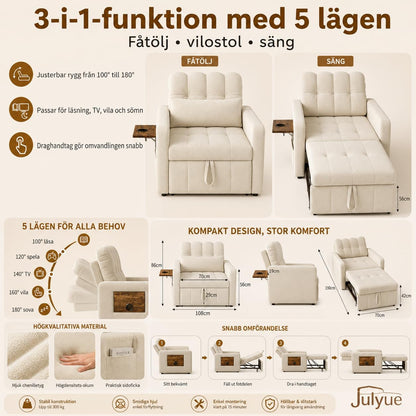 Mała sofa z funkcją spania 3 w 1, rozkładane łóżko 190 cm z kieszenią boczną, fotel do spania, fotel relaksacyjny, rozkładana sofa, taboret do spania z funkcją łóżka do 200 kg, beżowy materiał