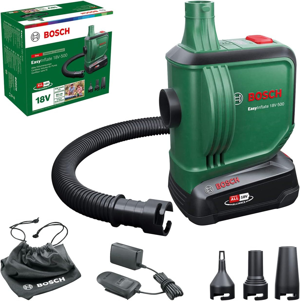 Bosch Easyinflate 18V-500 Pompka, Czarny/Zielony, ‎11,7 x 10 x 15,6 cm; 700 g