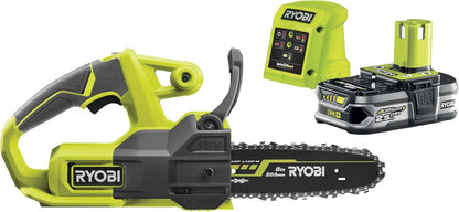 Ryobi Kompaktowa Piła Łańcuchowa 18V RY18CS20A-125, Prowadnica 20 cm, Prędkość 4.6 m/s, Wydajność Cięcia 15 cm, Ręczne Napinanie Łańcucha, Zestaw Zawiera Akumulator 2.5 Ah i Ładowarkę
