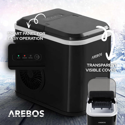 Arebos Kostkarka do lodu | 12 kg / 24 h | czas produkcji 10-15 minut | zbiornik na wodę o pojemności 1,1 l | kostkarka do lodu | cicha praca | funkcja samoczyszczenia | czarna