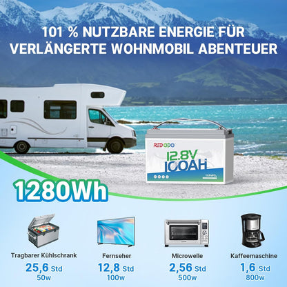 Redodo Akumulator litowy LiFePO4 12 V, 100 Ah, akumulator litowy 1280 Wh wbudowany w BMS 100 A, do 15000 cykli, 10 lat żywotności, idealny jako prąd awaryjny do samochodów kempingowych, Off Grid,