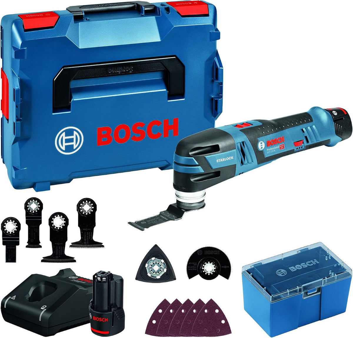 Bosch Professional system 12V: akumulatorowe narzędzie wielofunkcyjne GOP 12V-28 (2 akumulatory GBA 12V 3.0Ah, szybka ładowarka GAL 1230 CV, walizka L-BOXX, 6 brzeszczotów)