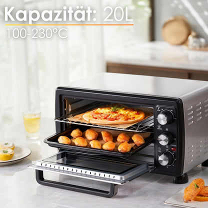 Mini piekarnik 20 l, piec do pizzy, mini piekarnik 3 w 1, z termoobiegiem, wyjmowana blacha na okruchy, 1400 W, grzanie górne/dolne, stal nierdzewna, timer 60 min