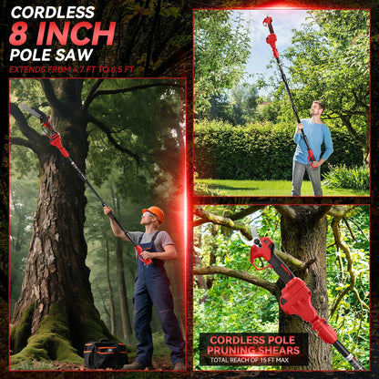 Mini piła łańcuchowa 8 cali z drążkiem teleskopowym i elektrycznymi nożycami ogrodowymi 28 mm, zestaw narzędzi ogrodowych 4 w 1, kompatybilna z baterią Milwaukee 18 V, maksymalny zasięg do 4 m, bez